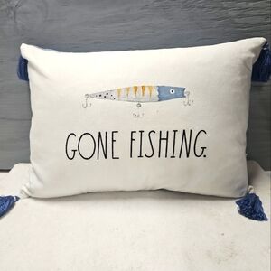 Rae Dunn Gone Fishing Throw pillow white blue zipper lake beach river